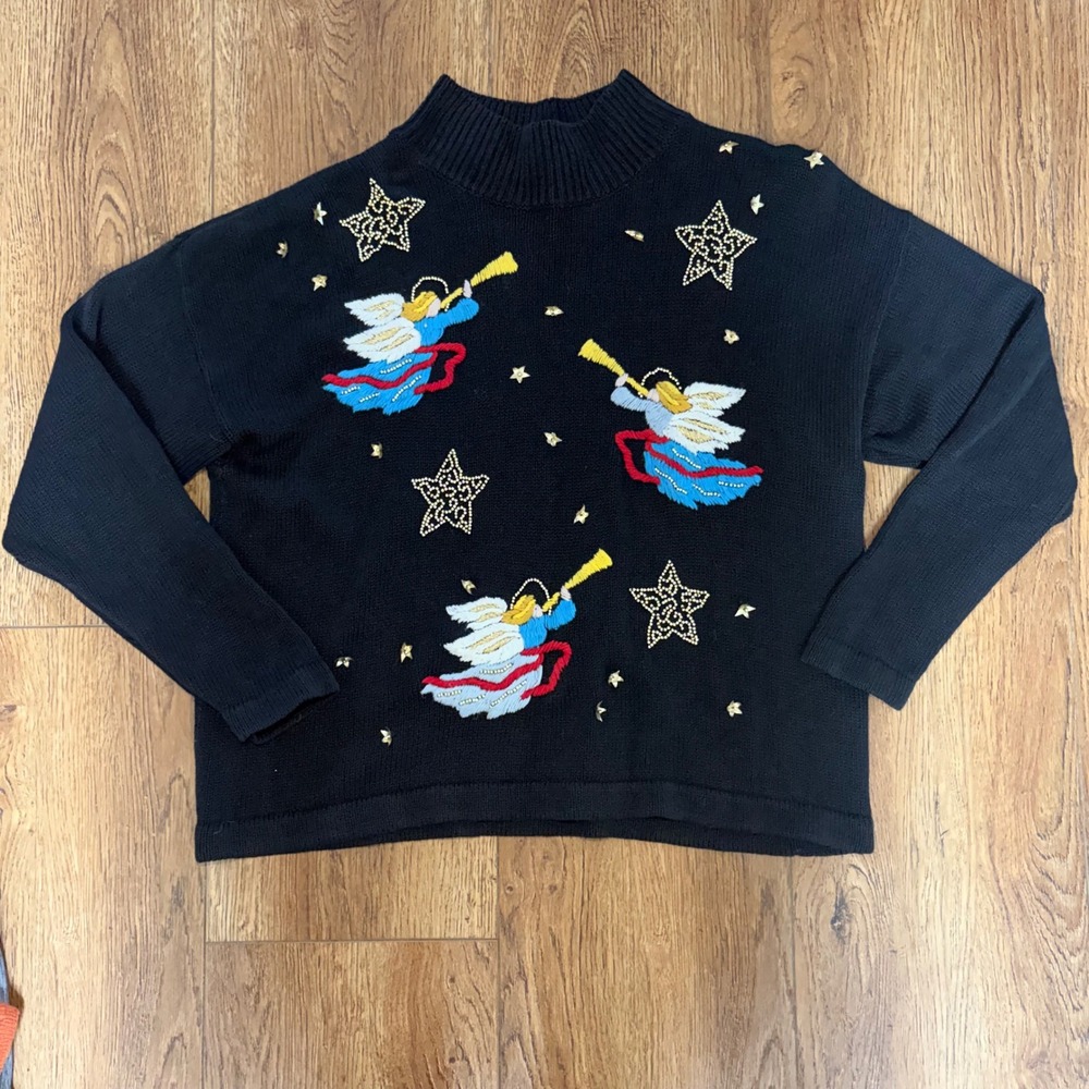 Victoria Jones 90s Christmas Sweater Knit‎ Angels Beads Embroidered Womens L VTG